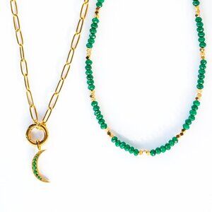 BUNDLE Gorgeous Green Beaded Necklace & Moon Pendant Waterproof Non-tarnish Gold